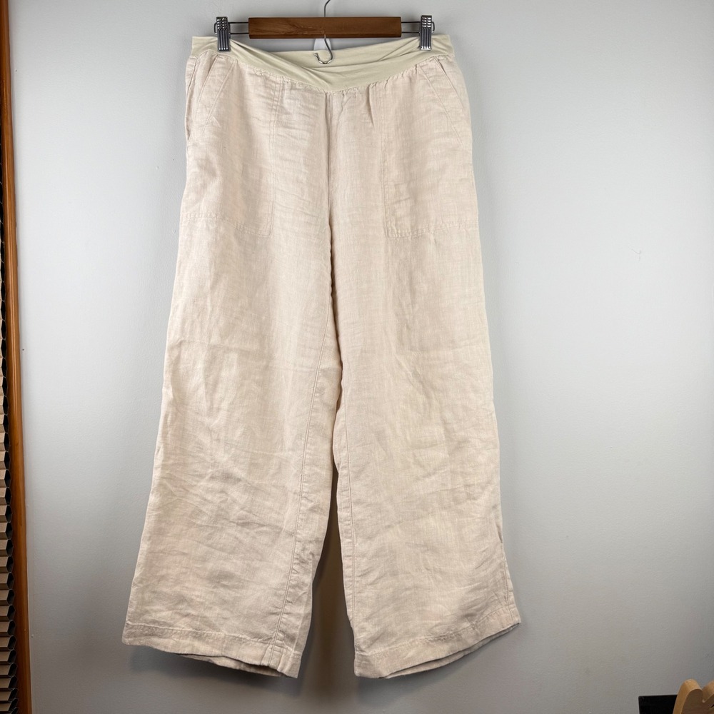 Lands End Linen Wide Leg Pants Womens 10 Oatmeal Coastal Boho Beachy Natural